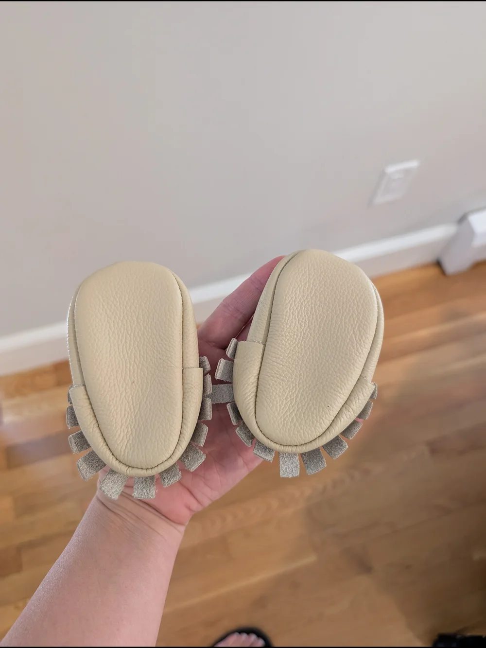 Baby Beige Fringe Leather Moccasins